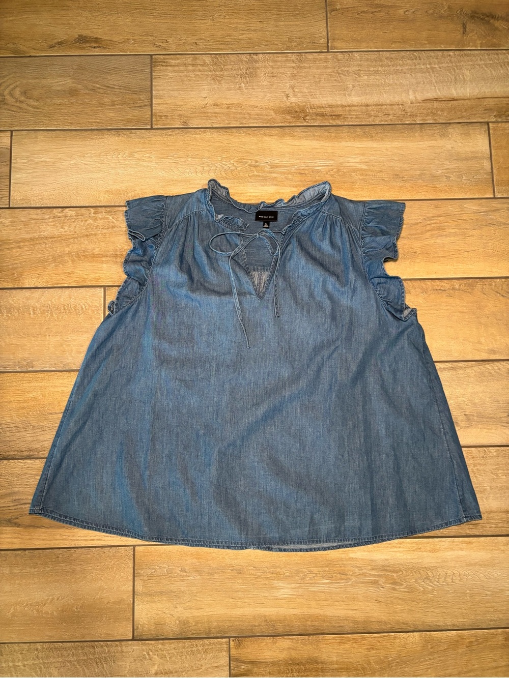 Who What Wear Light Blue Denim Ruffle Sleeve Tie-Front Top